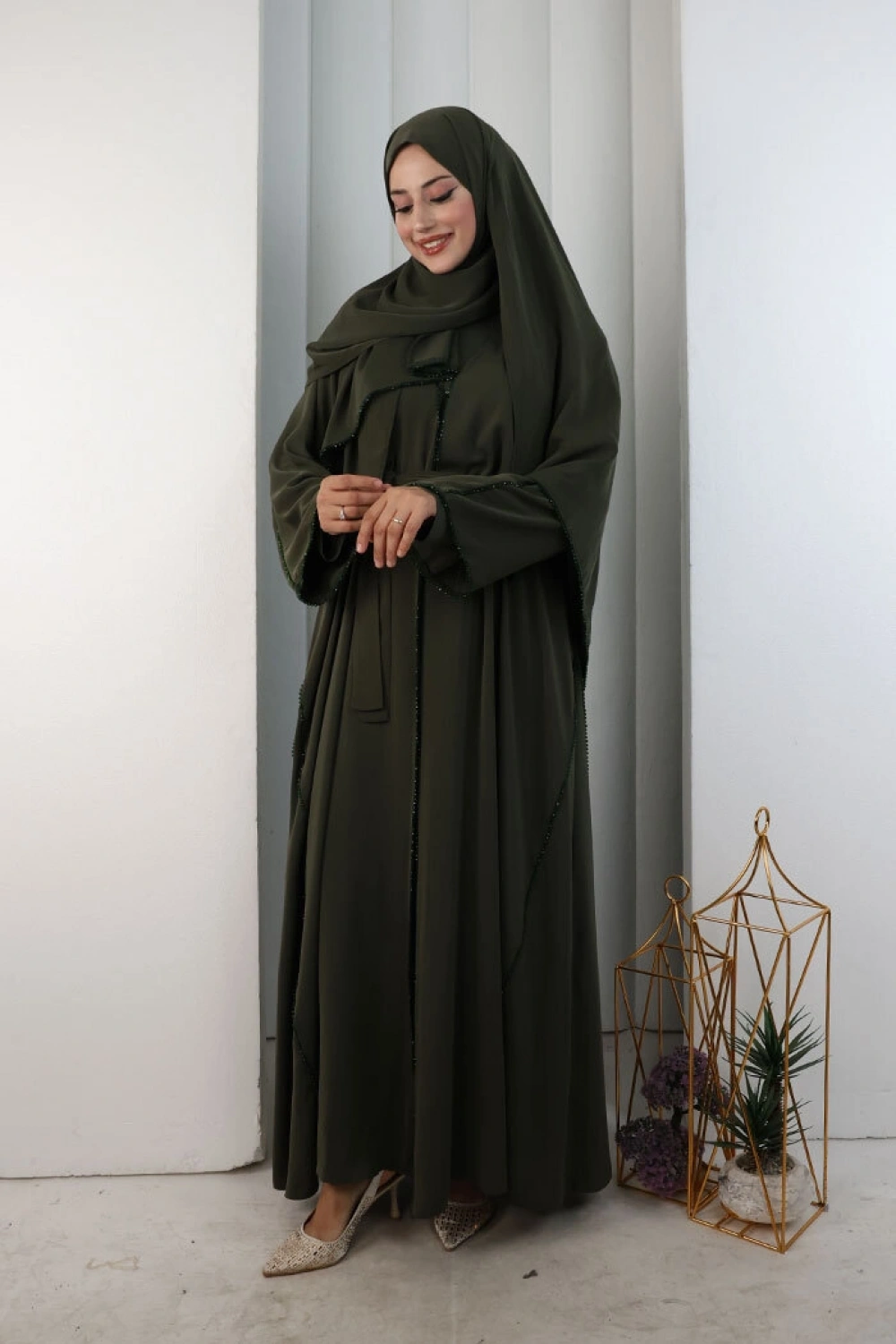 Kristal Taşlı Şallı Abaya 9205