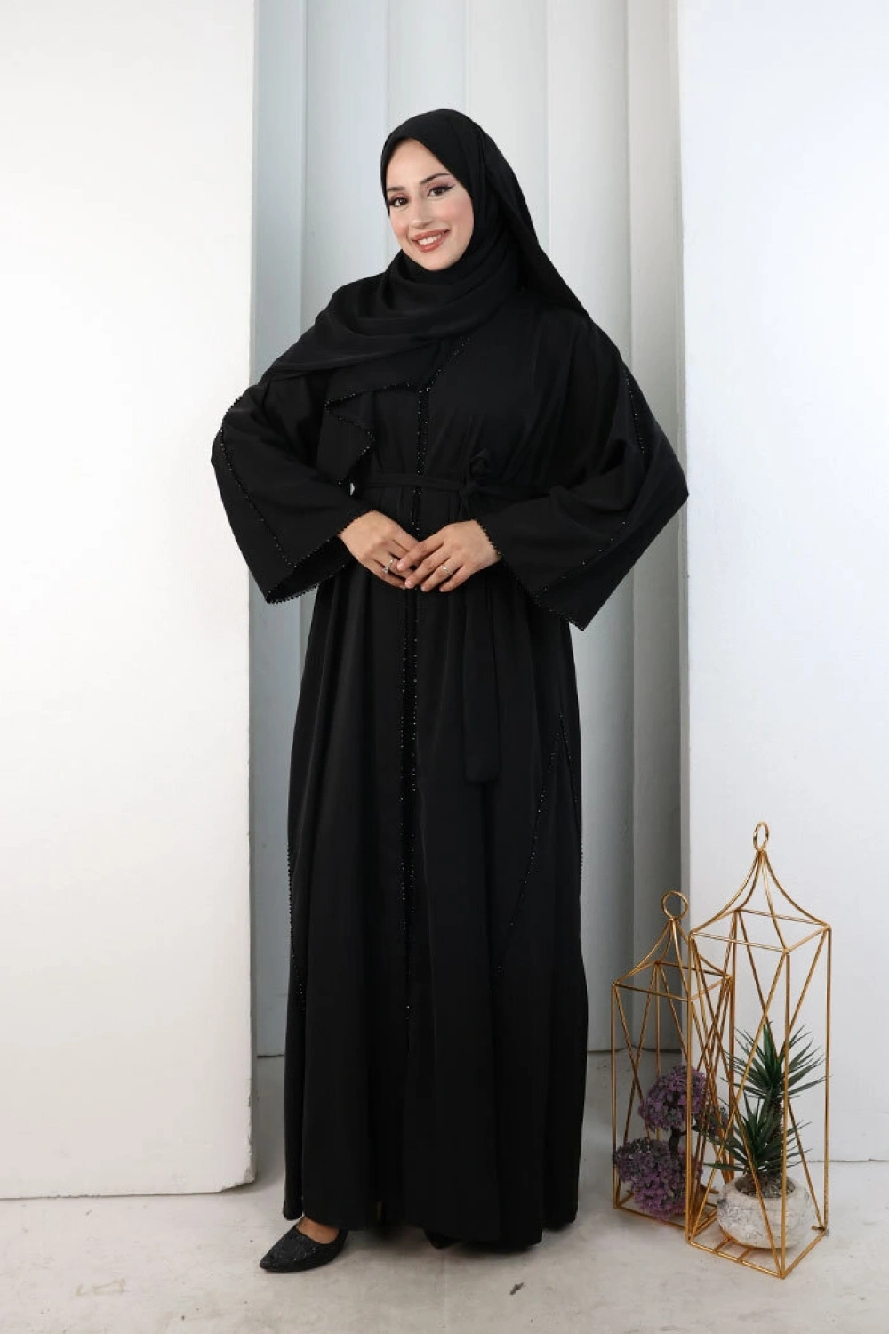 Kristal Taşlı Şallı Abaya 9205