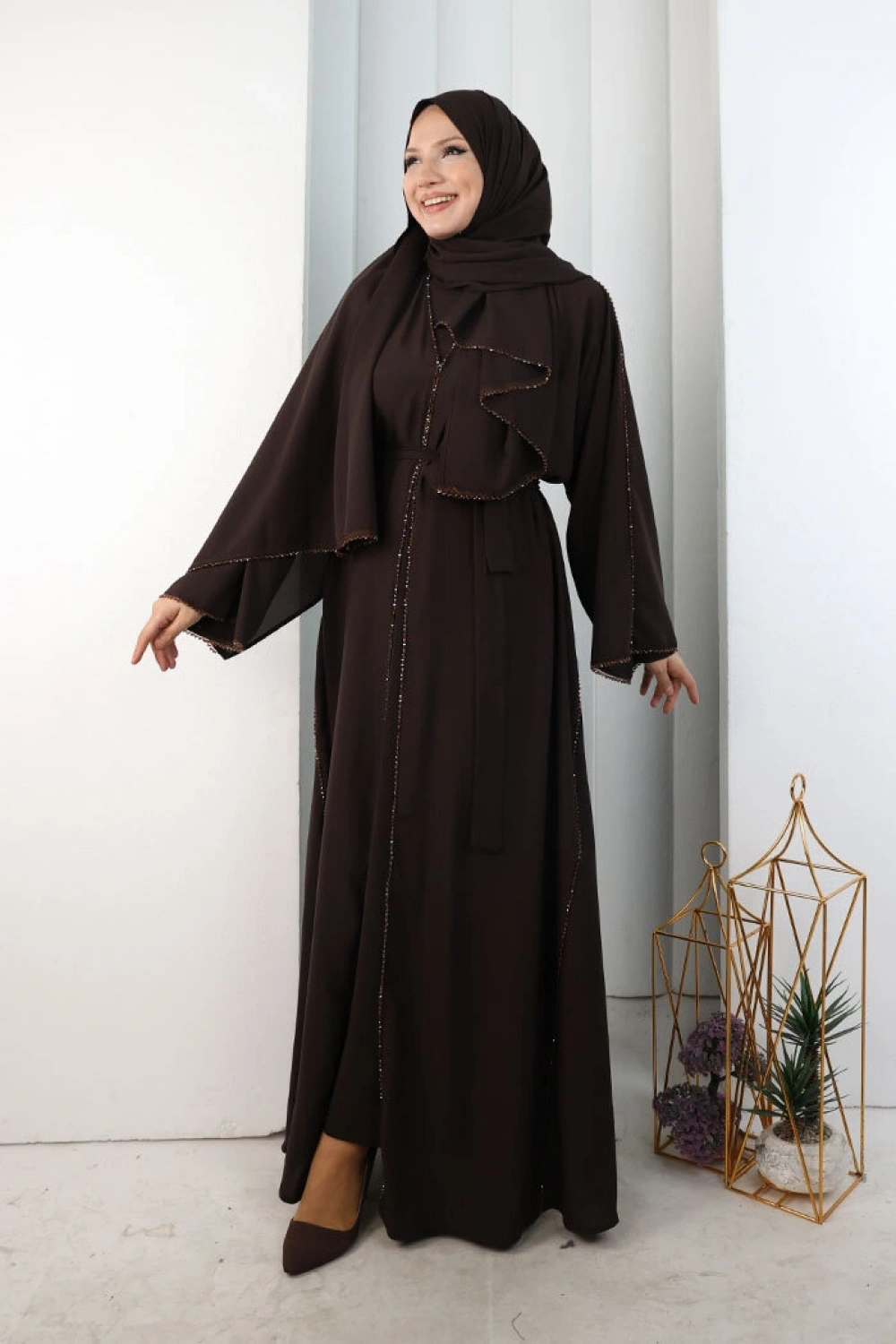 Kristal Taşlı Şallı Abaya 9205