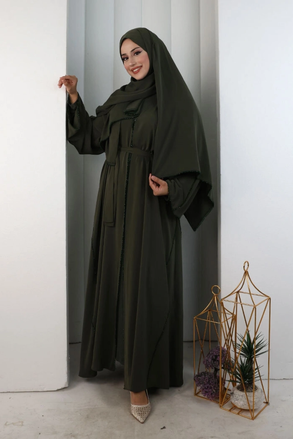 Kristal Taşlı Şallı Abaya 9205