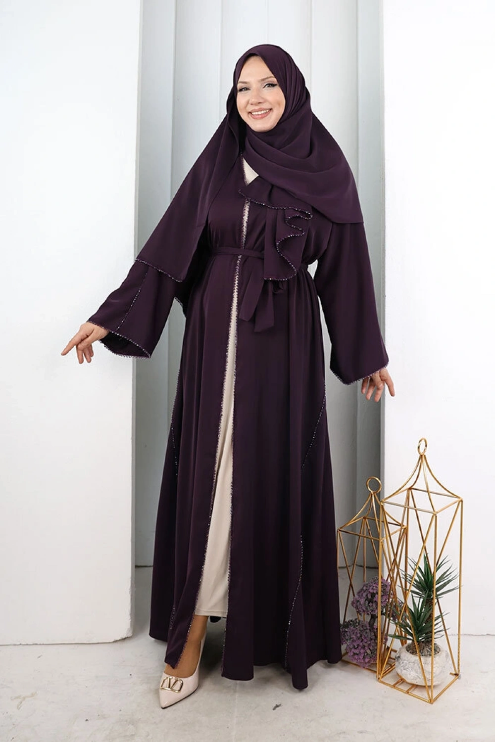 Kristal Taşlı Şallı Abaya 9205