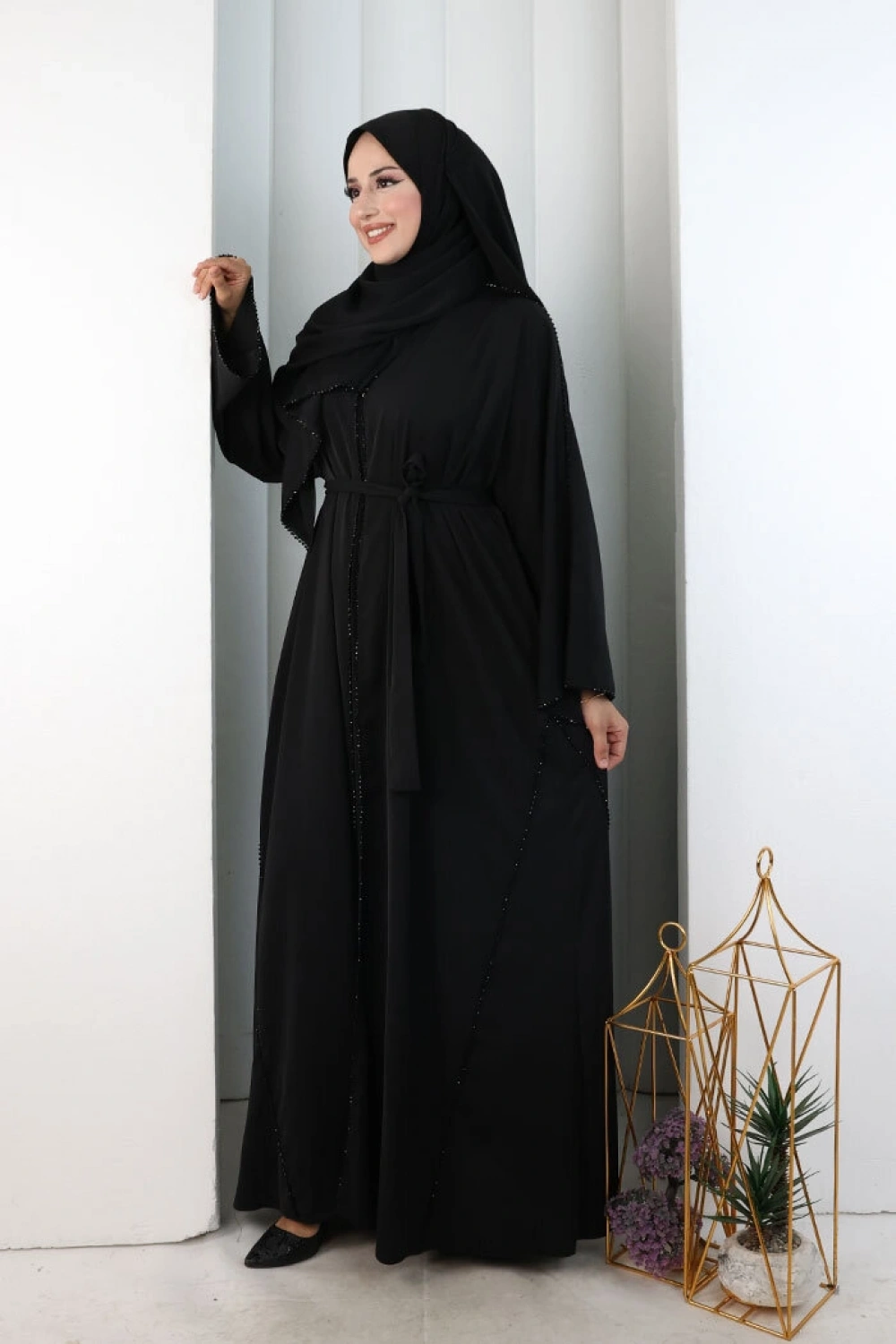 Kristal Taşlı Şallı Abaya 9205