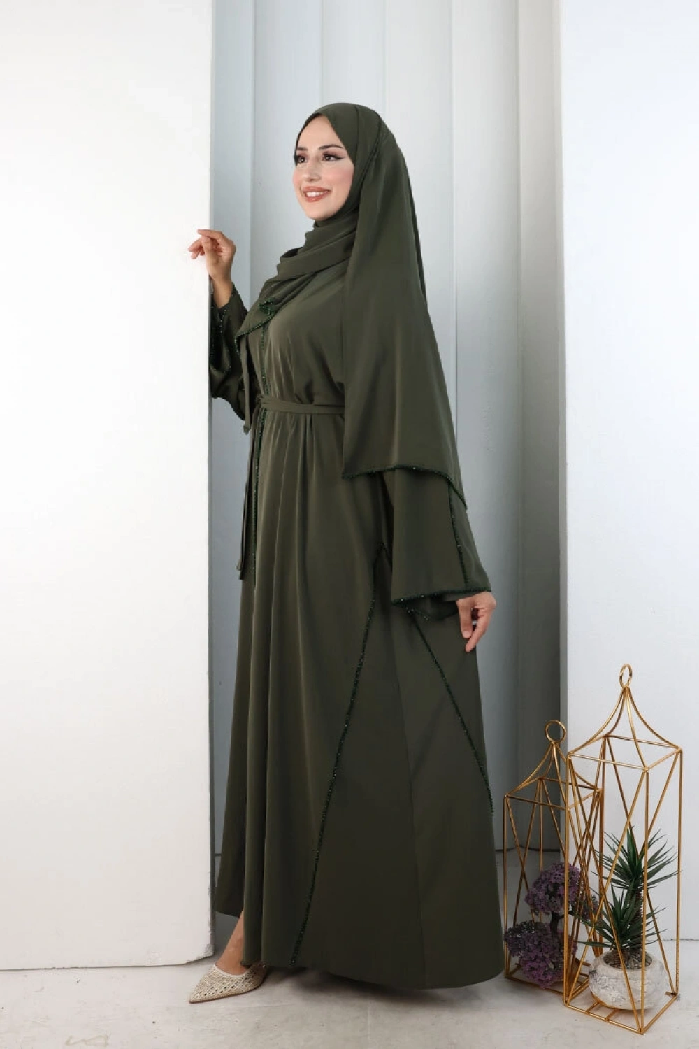Kristal Taşlı Şallı Abaya 9205