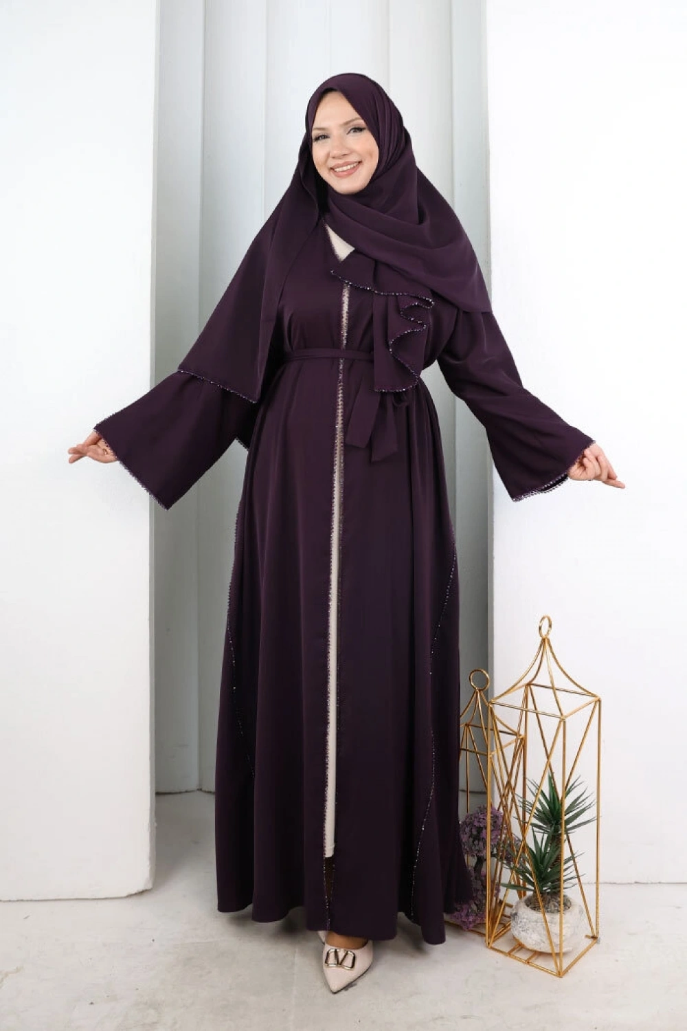 Kristal Taşlı Şallı Abaya 9205