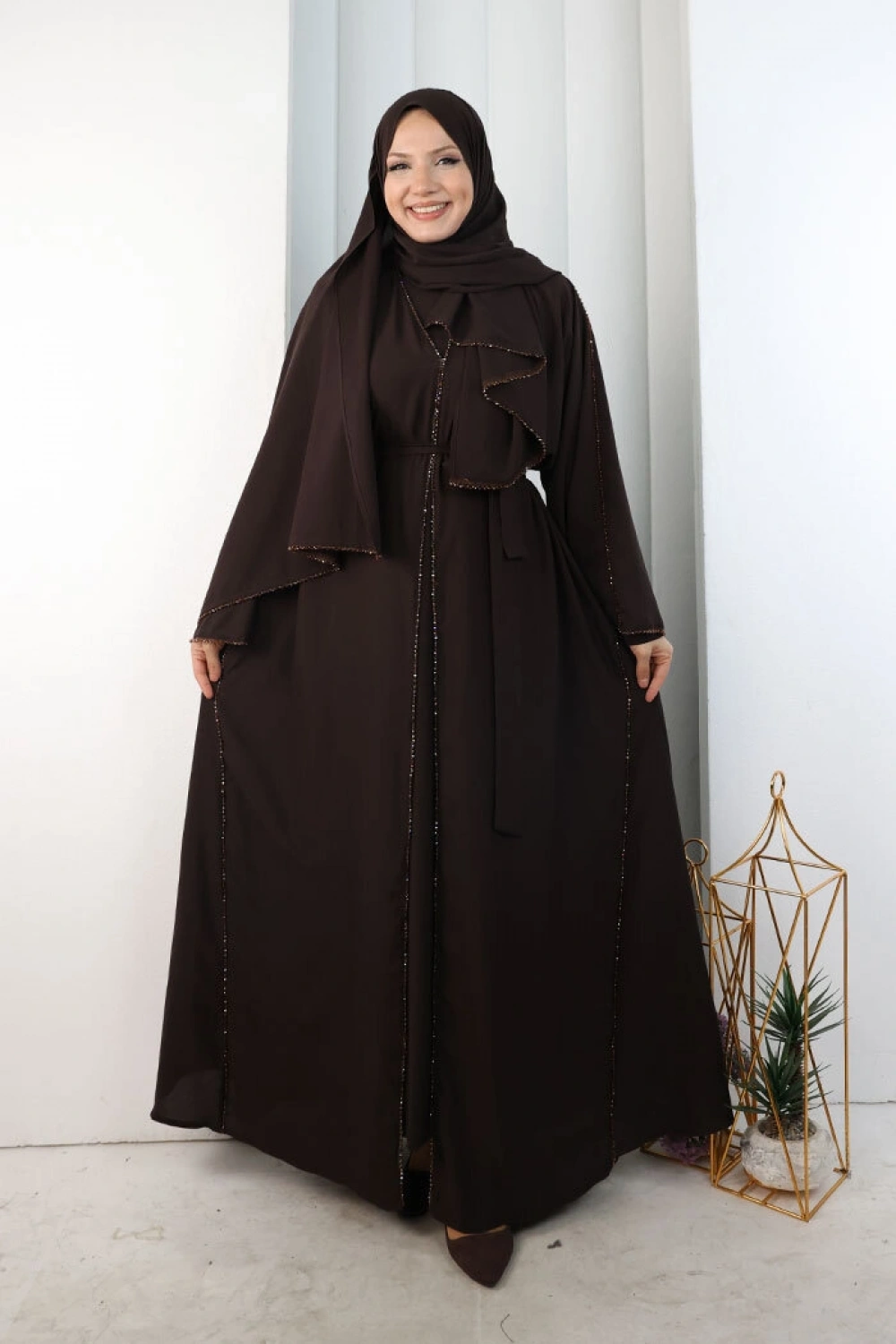 Kristal Taşlı Şallı Abaya 9205