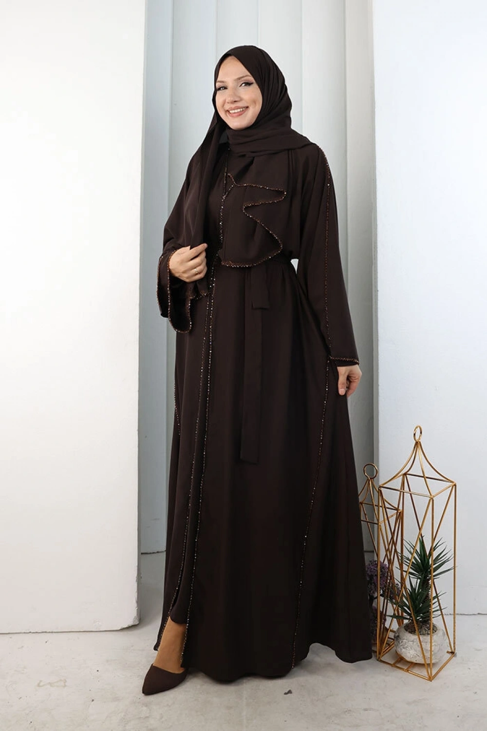 Kristal Taşlı Şallı Abaya 9205