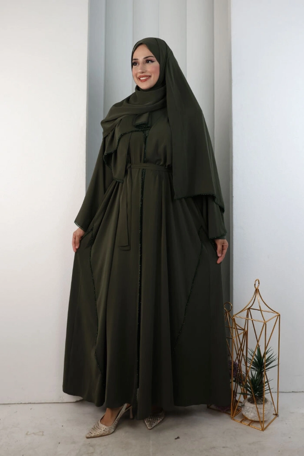 Kristal Taşlı Şallı Abaya 9205
