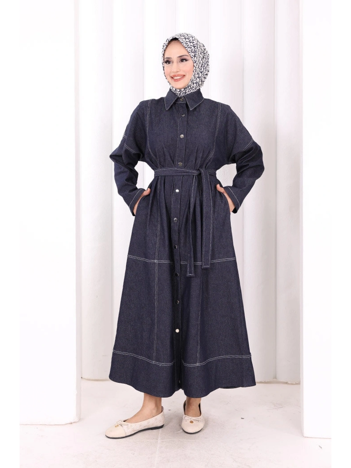 Düğmeli Denim Elbise 7070
