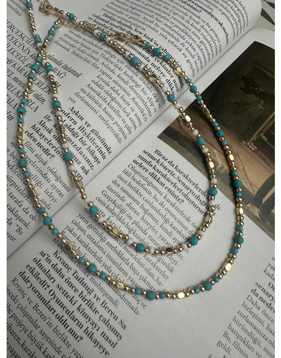 Mavi Beyaz Boncuk Geçişli Kolye