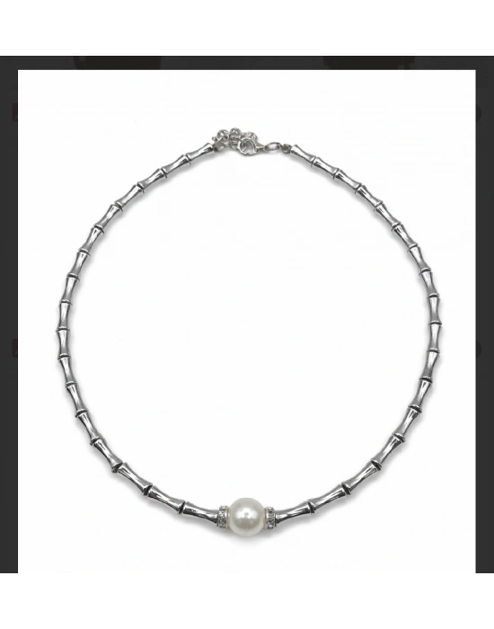 Gümüş renk inci detay tasarım kolye