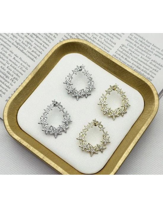 Altın Kaplama Yıldız Taşlı Tasarım Küpe