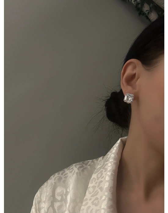 Altın Kaplama Kare Taşlı Halka Küpe