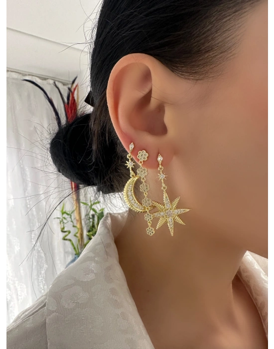 Altın Kaplama Tasarım Ay Yıldız Küpe Taşlı