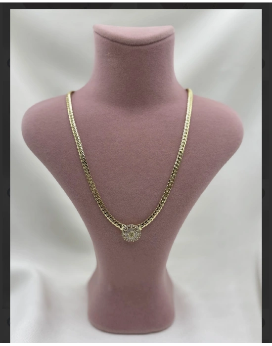 Altın Kaplama Taşlı Yassı Zincir Model Kolye