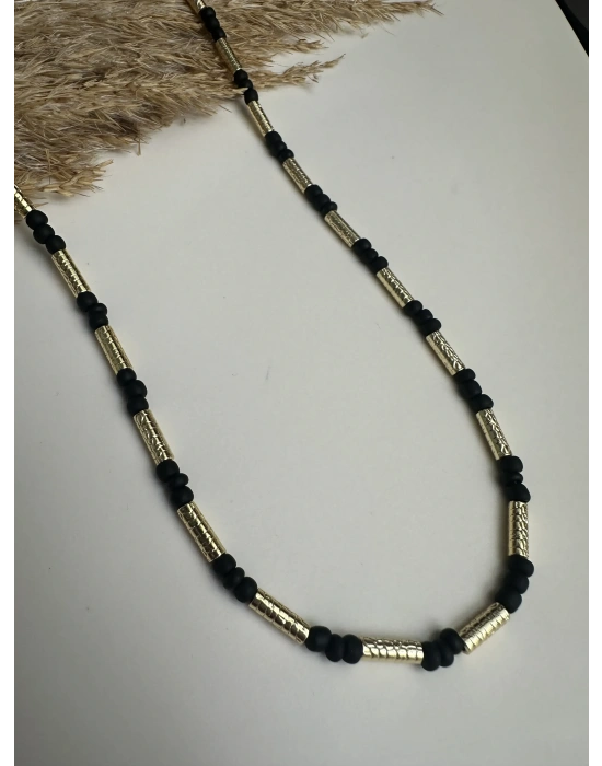 Boru Boncuk Gold Siyah Kolye