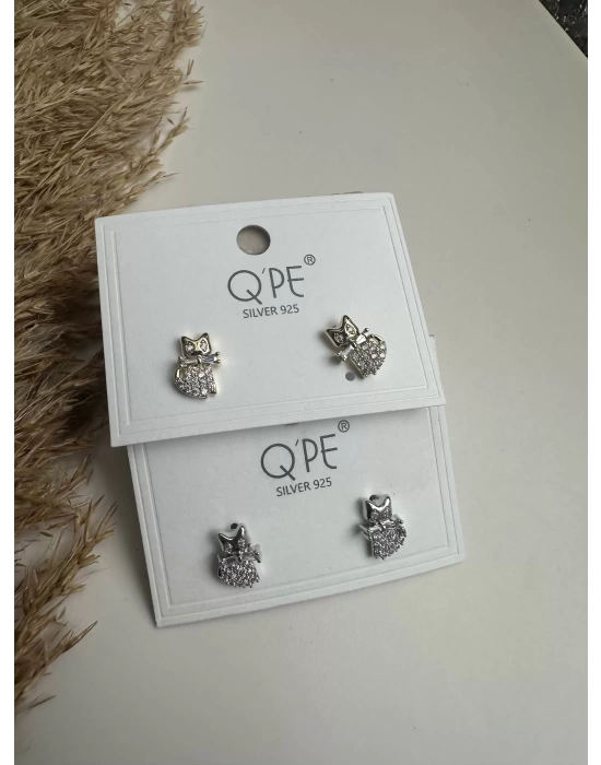 Gümüş kaplama taşlı kedi tasarım küpe