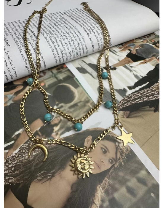 İkili Charm Detay Figür Çelik Kolye