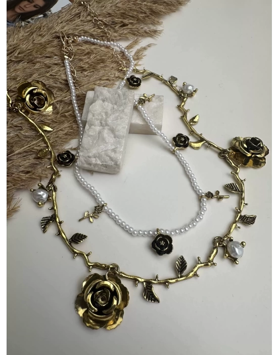 İkili Vintage Gül İnci Tasarım Kolye