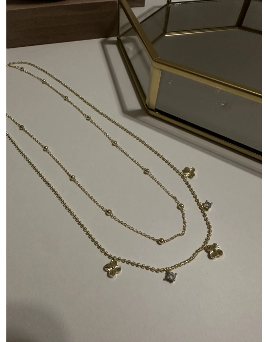 İkili Vip Seri Altın Kaplama Yonca Taş Kolye