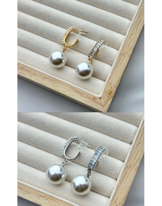 İnci Detay Baget Taşlı Tasarım Küpe