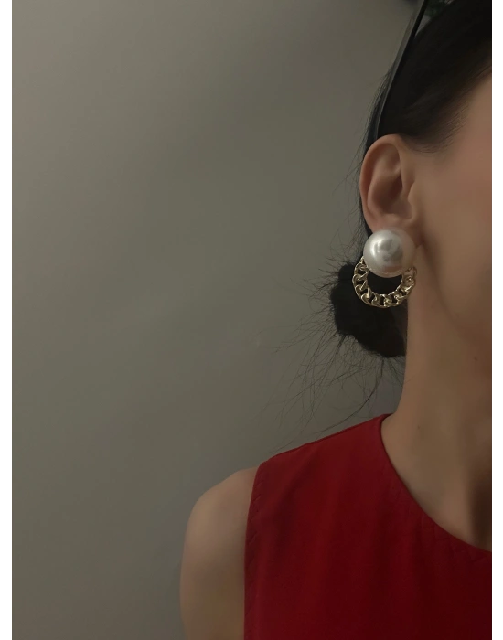 İnci Zincirli Tasarım Küpe