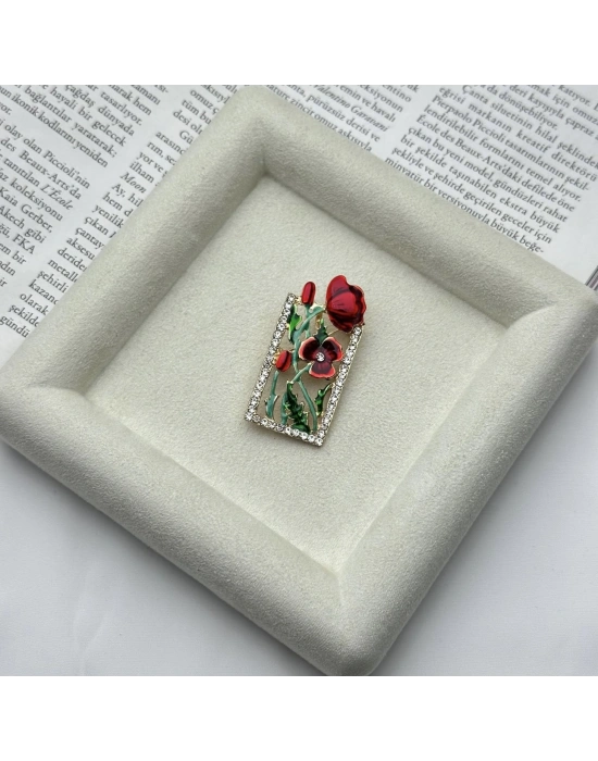 Kırmızı Çerçeve Model Çiçek Broş