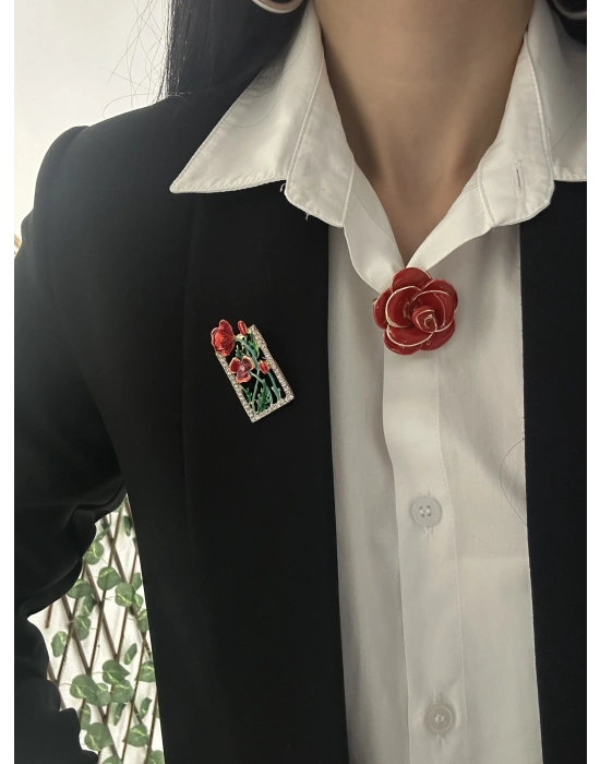 Kırmızı Çerçeve Model Çiçek Broş