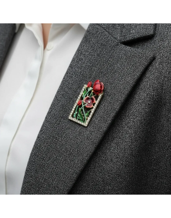 Kırmızı Çerçeve Model Çiçek Broş