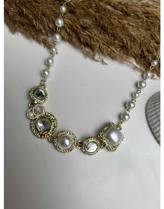 Özel Vintage Model İnci Ve Taş Detay Choker kolye