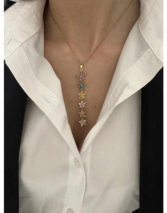 Renkli Taşlı Altın Kaplama Kolye