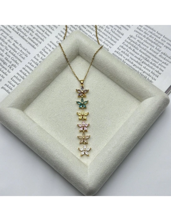 Renkli Taşlı Altın Kaplama Kolye