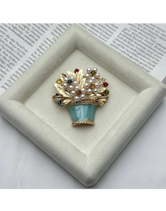 Renkli Taşlı Çiçek Sepeti Broş