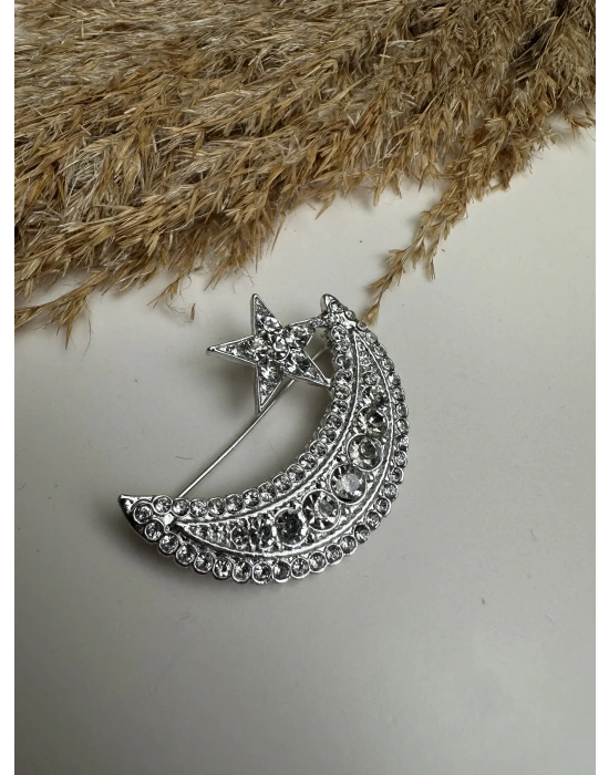 Silver Ay Yıldız Taşlı Broş