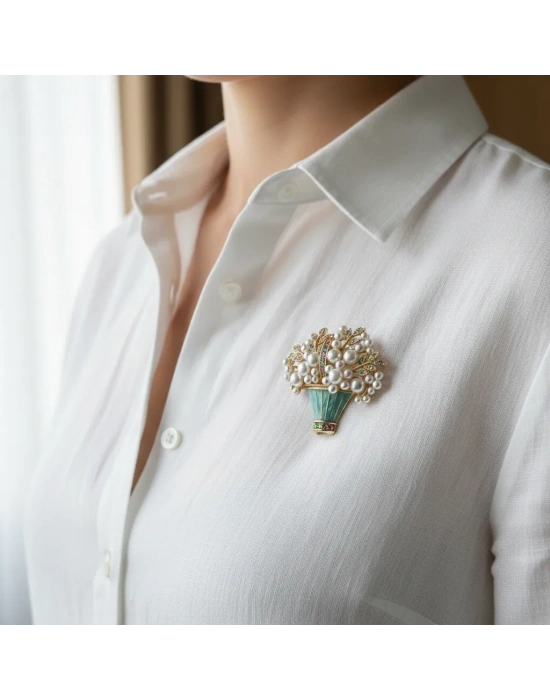 Tasarım incili Çiçek Saksı Broş