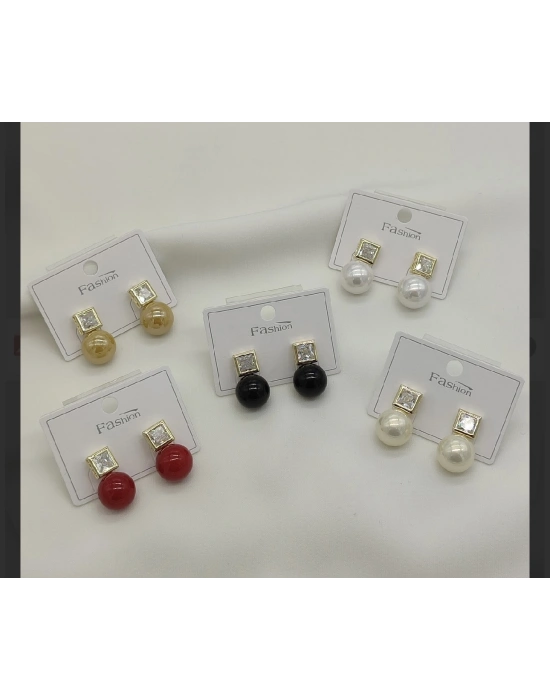 Tasarım Kare Taşlı Top Küpe