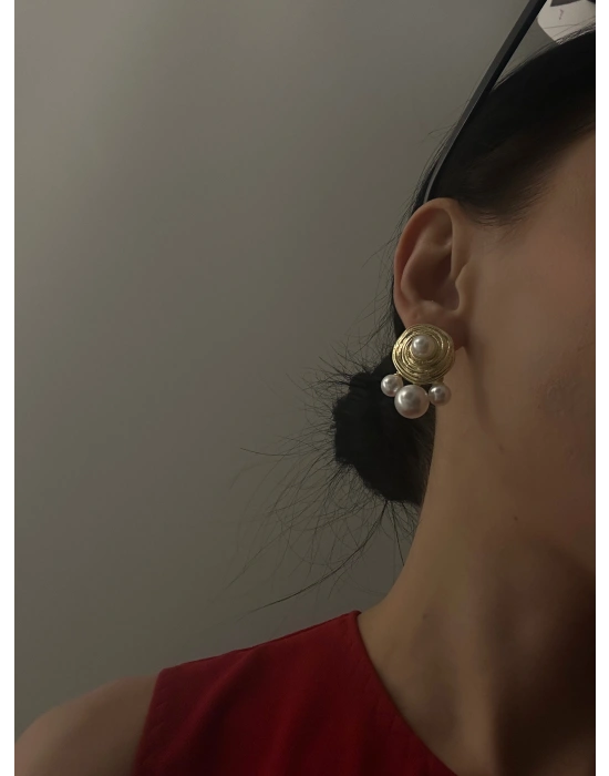 Tasarım Üç Top Plaka İnci Küpe