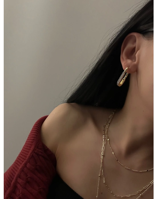 Taşlı Altın Kaplama Uzun Vip Küpe