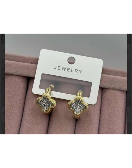 Taşlı Altın Kaplama Yonca Model Küpe