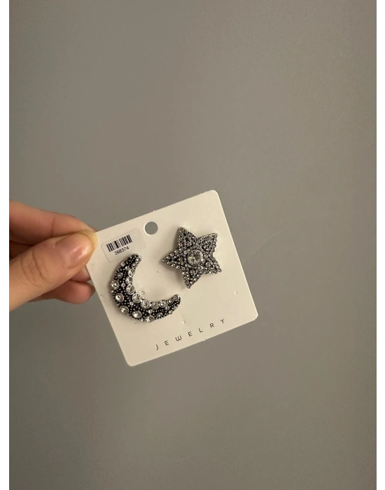 Taşlı Ay Yıldız Tasarım Küpe