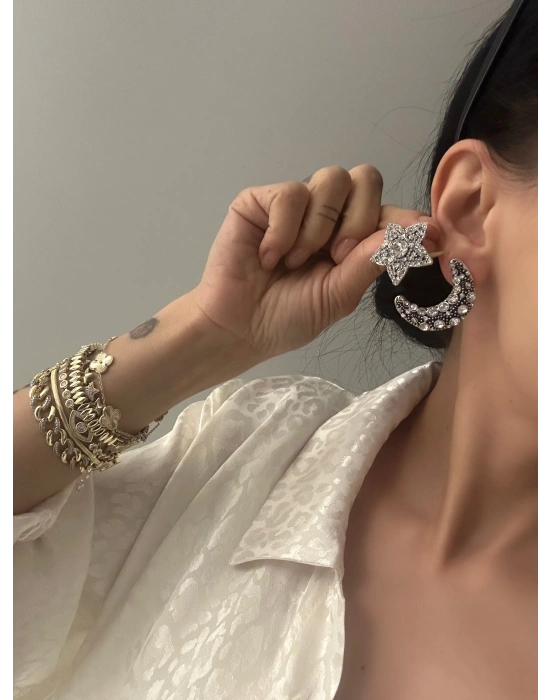 Taşlı Ay Yıldız Tasarım Küpe