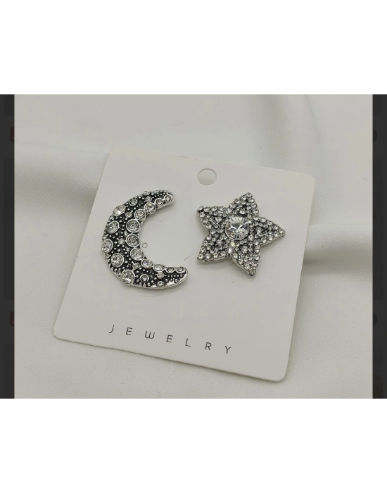 Taşlı Ay Yıldız Tasarım Küpe