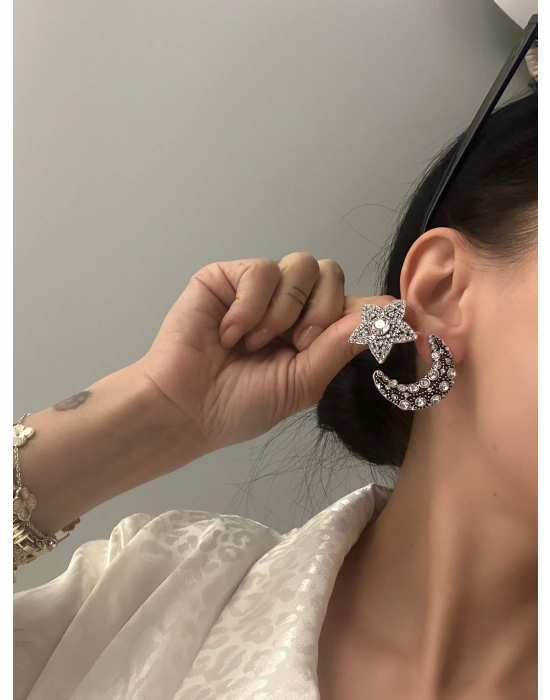 Taşlı Ay Yıldız Tasarım Küpe