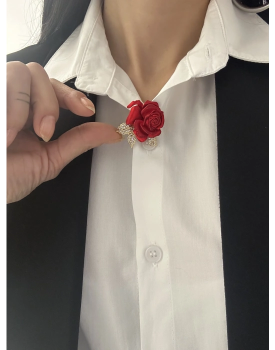 Taşlı Gül Kırmızı Broş