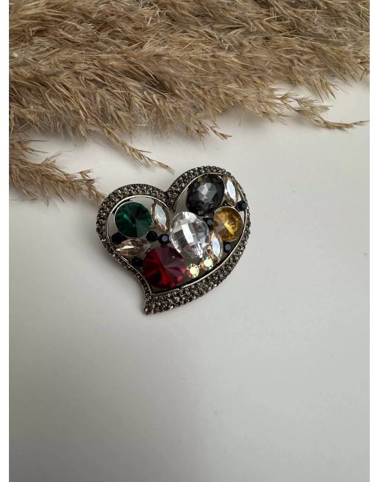 Taşlı Vintage Kalp Broş