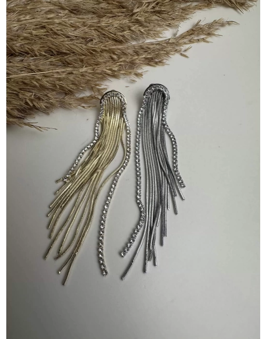 Taşlı Zincir Sallantılı Küpe