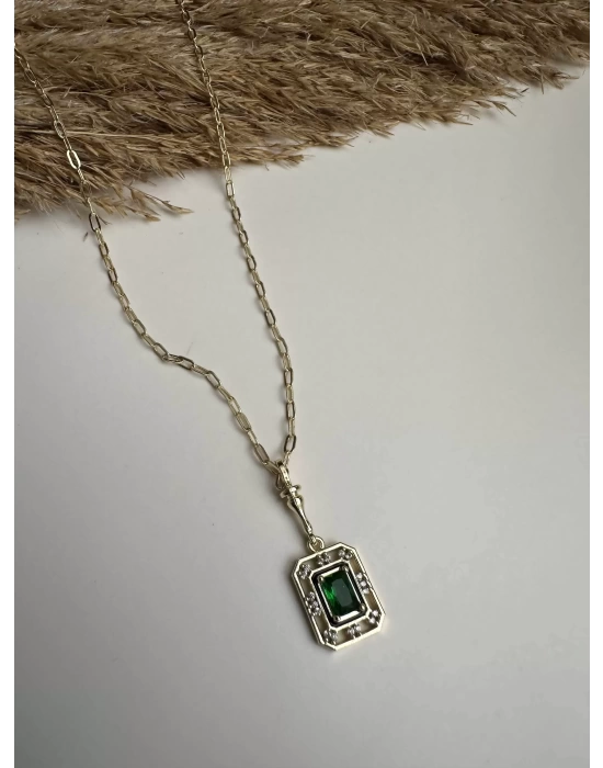 Yeşil Kare Taş Vintage Kolye