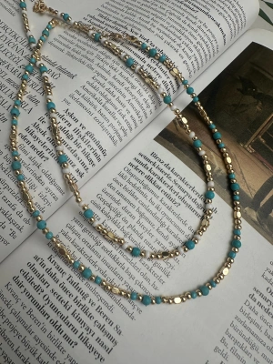 Mavi Beyaz Boncuk Geçişli Kolye