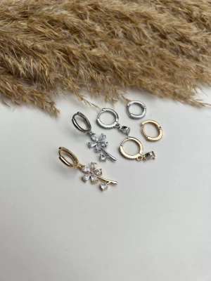 Altın Kaplama Çiçek Damla Taş Üçlü Set Küpe