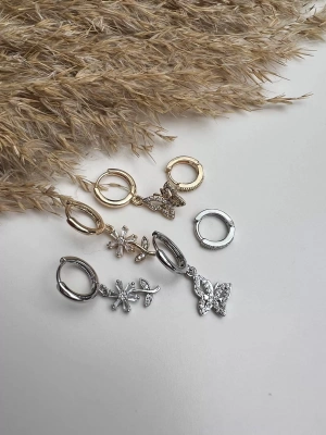 Altın Kaplama Çiçek Kelebek Detay Üçlü Set Küpe