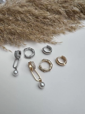 Altın Kaplama İnci Detaylı Halka Üçlü Set Küpe